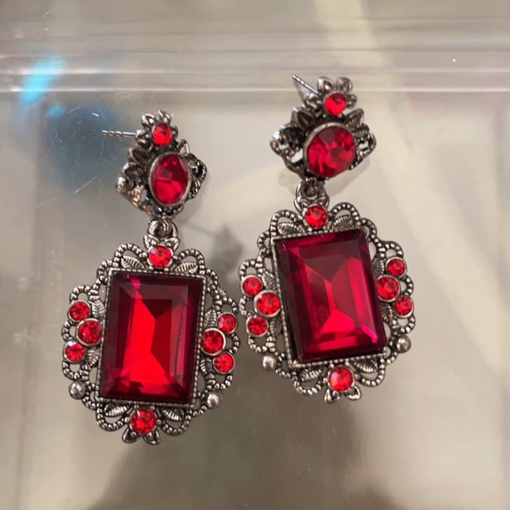 Red  Dangle Earrings antique Silvertone